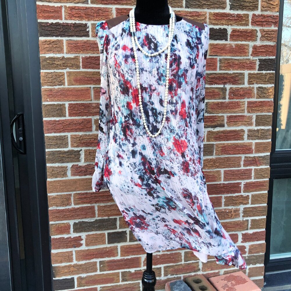Kandy Kiss Pleated Georgette Floral Dress | Romantic Flowy Long Sleeve Dress M